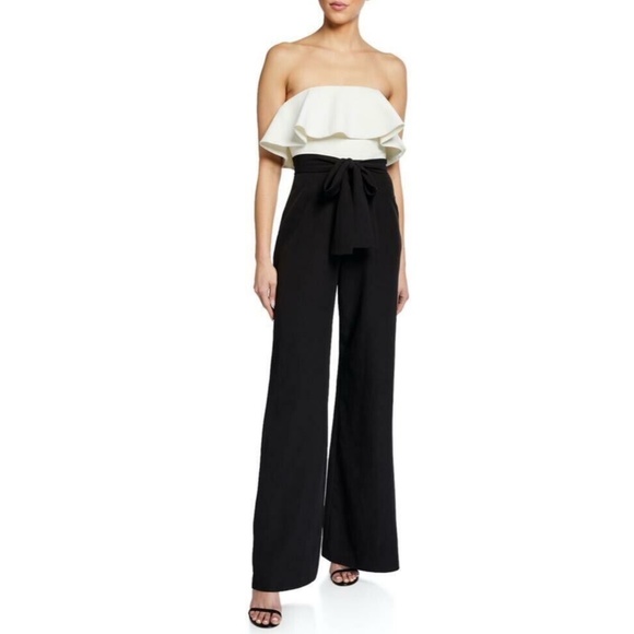 NEW LOVE BY THEIA Black & White STRAPLESS Tie Waist RUFFLE Cocktail JUMPSUIT 12 - Picture 7 of 16